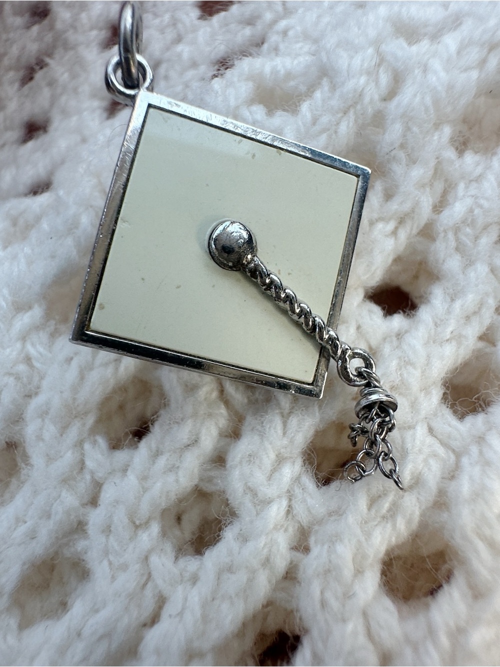 Graduation Cap Sterling Silver 925 Enamel Tassel Charm Pendant - Cream Inset